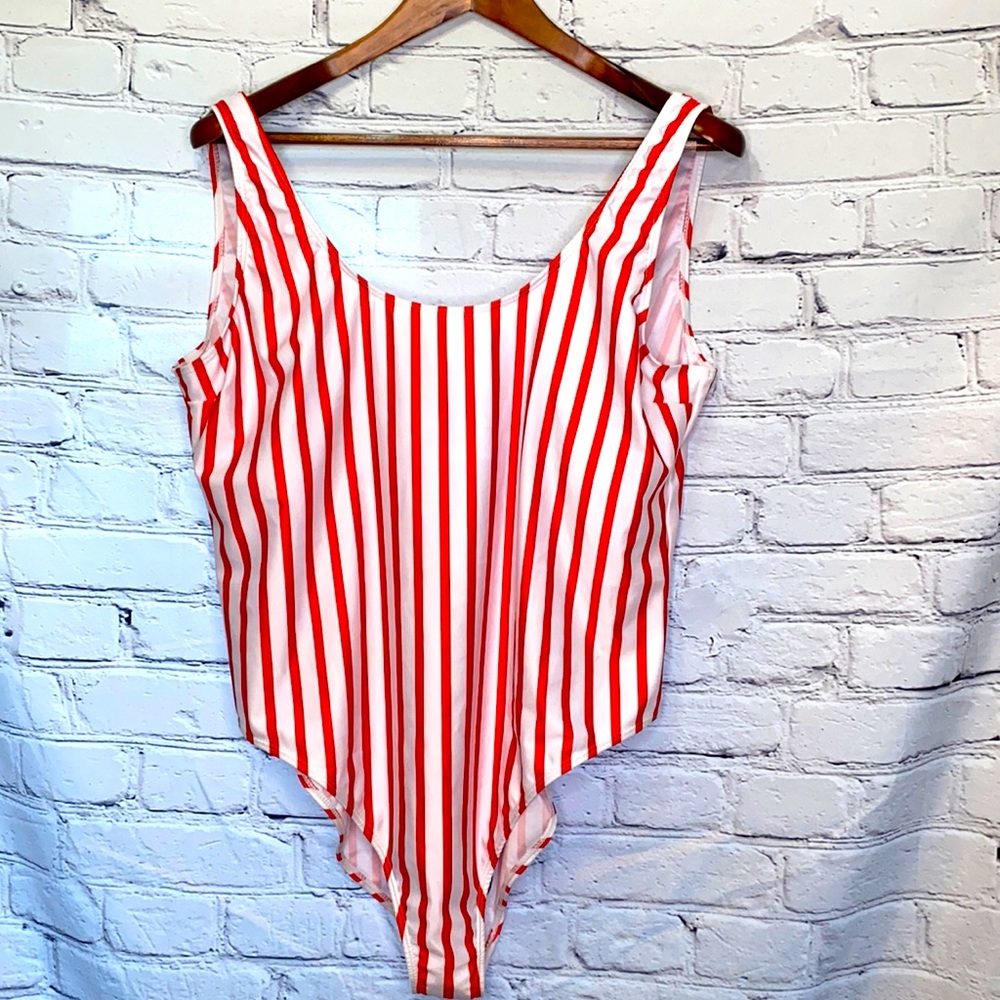 Boohoo Red White Striped One-Piece Swimsuit Size 18